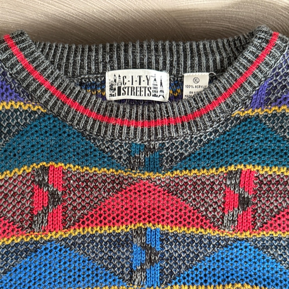 Vintage 80’s City Streets Men's Geometric Knit Sweater - Gray, Red, Blue, Yellow